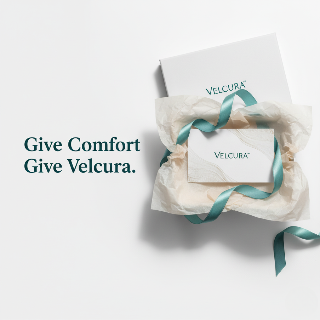 Velcura Gift Card with teal ribbon and minimal packaging on white background, representing the perfect comfort gift for recovery and wellness.