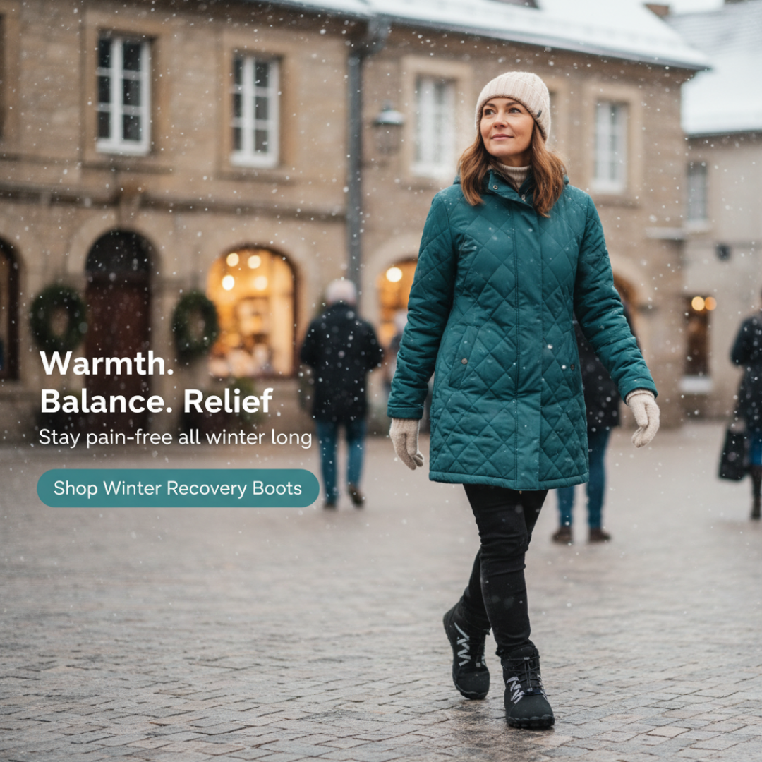 Woman walking confidently in Velcura Winter Recovery Boots on a snowy European street, showing warmth, comfort and pain-free movement.