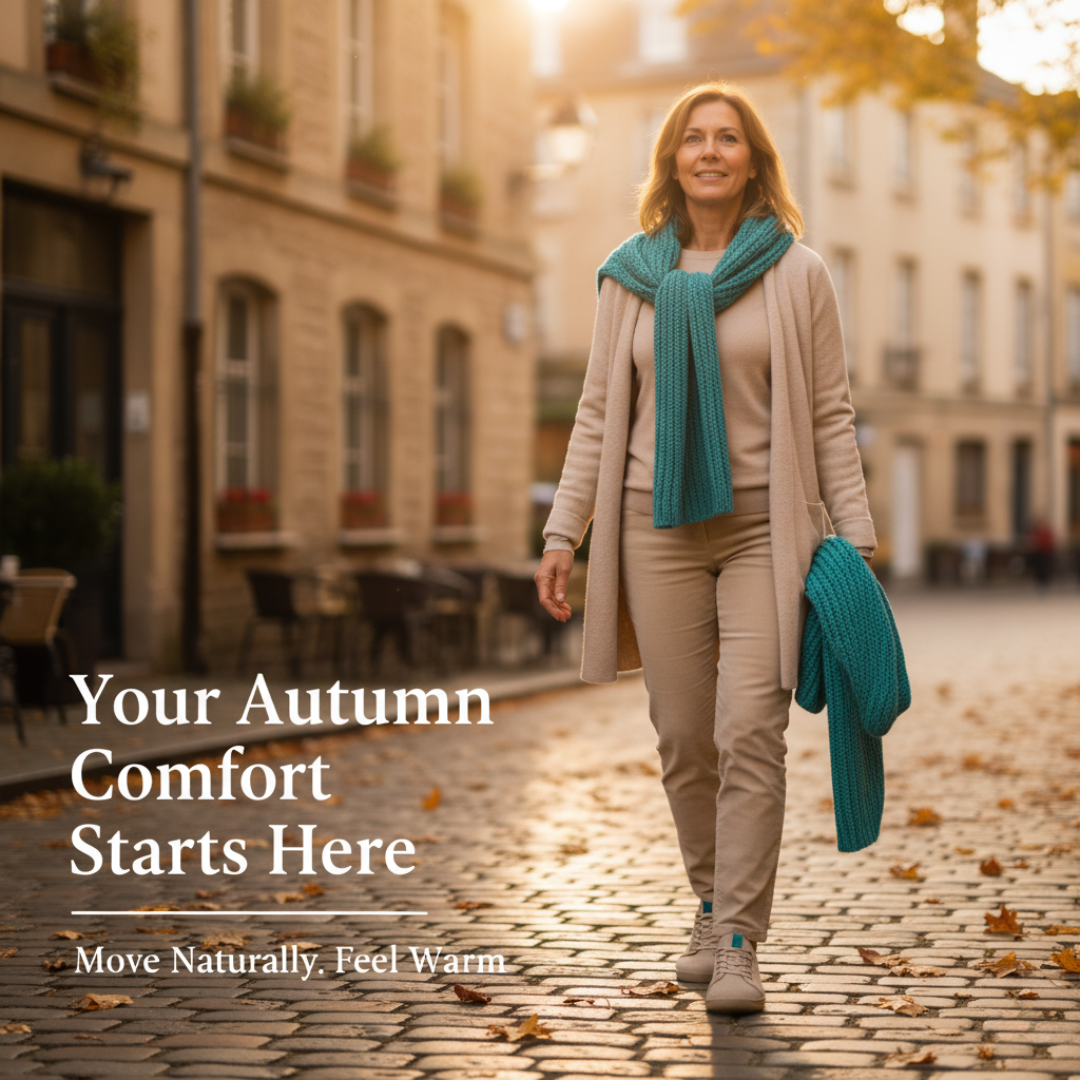 Woman walking comfortably in Velcura recovery footwear on an autumn street with warm sunlight and fallen leaves, symbolizing natural comfort and seasonal recovery.