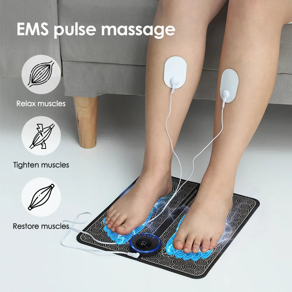 Woman relaxing on a sofa using the Velcura EMP Foot Massager — showing home recovery, comfort and improved circulation.